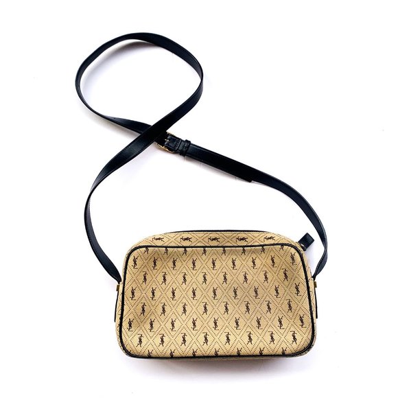 Saint Laurent Handbags - Yves Saint Laurent Canvas All Over Monogram Cream Tan Black Trim Camera Bag
